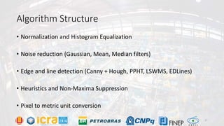 Algorithm Structure
• Normalization and Histogram Equalization
• Noise reduction (Gaussian, Mean, Median filters)
• Edge and line detection (Canny + Hough, PPHT, LSWMS, EDLines)
• Heuristics and Non-Maxima Suppression
• Pixel to metric unit conversion
17
 