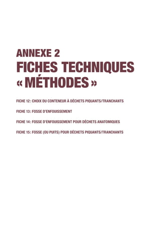 Annexe 2
Fiches techniques
« méthodes »
Fiche 12 : Choix du conteneur à déchets piquants/tranchants
Fiche 13 : Fosse d’enfouissement
Fiche 14 : Fosse d’enfouissement pour déchets anatomiques
Fiche 15 : Fosse (ou puits) pour déchets piquants/tranchants
 