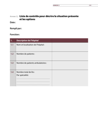 Annexe 3.2 Liste de contrôle pour décrire la situation présente
et les options
Date :
Rempli par :
Fonction :
1. Description de l’hôpital
1.1 Nom et localisation de l’hôpital :
1.2 Nombre de patients :
1.3 Nombre de patients ambulatoires :
1.4 Nombre total de lits :
Par spécialité :
Annexe 3 131
 