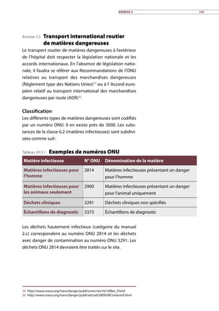 Annexe 3.5 Transport international routier
de matières dangereuses
Le transport routier de matières dangereuses à l’extérieur
de l’hôpital doit respecter la législation nationale et les
accords internationaux. En l’absence de législation natio-
nale, il faudra se référer aux Recommandations de l’ONU
relatives au transport des marchandises dangereuses
(Règlement type des Nations Unies)29
ou à l’ Accord euro-
péen relatif au transport international des marchandises
dangereuses par route (ADR)30
.
Classification
Les différents types de matières dangereuses sont codifiés
par un numéro ONU. Il en existe près de 3000. Les subs-
tances de la classe 6.2 (matières infectieuses) sont subdivi-
sées comme suit :
Tableau A3.5.1 Exemples de numéros ONU
Matière infectieuse N° ONU Dénomination de la matière
Matières infectieuses pour
l’homme
2814 Matières infectieuses présentant un danger
pour l’homme
Matières infectieuses pour
les animaux seulement
2900 Matières infectieuses présentant un danger
pour l’animal uniquement
Déchets cliniques 3291 Déchets cliniques non spécifiés
Échantillons de diagnostic 3373 Échantillons de diagnostic
Les déchets hautement infectieux (catégorie du manuel
2.c) correspondent au numéro ONU 2814 et les déchets
avec danger de contamination au numéro ONU 3291. Les
déchets ONU 2814 devraient être traités sur le site.
29	http://www.unece.org/trans/danger/publi/unrec/rev16/16files_f.html
30	http://www.unece.org/trans/danger/publi/adr/adr2009/09ContentsF.html
Annexe 3 147
 