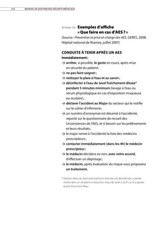 152	 Manuel de gestion des déchets médicaux
Annexe 3.6 Exemples d’affiche
« Que faire en cas d’AES ? »
(Source : Prévention et prise en charge des AES. GERES, 2008.
Hôpital national de Niamey, juillet 2007)
Conduite à tenir après un AES
Immédiatement :
 arrêter, si possible, le geste en cours, après mise
en sécurité du patient ;
 ne pas faire saigner ;
 nettoyer la plaie à l’eau et au savon ;
 désinfecter à l’eau de Javel fraîchement diluée*
pendant 5 minutes minimum (lavage à l’eau ou
sérum physiologique en cas d’exposition muqueuse
ou oculaire) ;
 déclarer l’accident au Major du secteur qui le notifie
sur le cahier d’infirmerie ;
 un numéro d’anonymat est décerné à l’accidenté,
reporté sur le questionnaire de recueil des
circonstances de l’AES, et si besoin sur les prélèvements
et leurs résultats ;
 le major remet à l’accidenté la liste des médecins
prescripteurs ;
 contacter immédiatement (dans les 4h) le médecin
prescripteur ;
 le médecin décidera ou non, avec votre accord,
d’effectuer un dépistage ;
 le médecin, après évaluation du risque vous proposera
un traitement.
*	Dilution d’eau de Javel exclusivement réservée à la désinfection cutanée :
mettre dans un récipient un bouchon d’eau de Javel à 2,6 % c.a. et y ajouter
quatre bouchons d’eau.
 