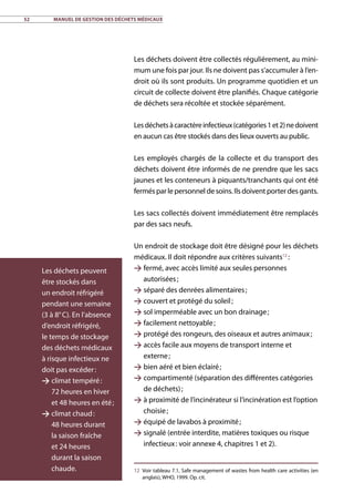 52	 Manuel de gestion des déchets médicaux
Les déchets doivent être collectés régulièrement, au mini-
mum une fois par jour. Ils ne doivent pas s’accumuler à l’en-
droit où ils sont produits. Un programme quotidien et un
circuit de collecte doivent être planifiés. Chaque catégorie
de déchets sera récoltée et stockée séparément.
Lesdéchetsàcaractèreinfectieux(catégories1et2)nedoivent
en aucun cas être stockés dans des lieux ouverts au public.
Les employés chargés de la collecte et du transport des
déchets doivent être informés de ne prendre que les sacs
jaunes et les conteneurs à piquants/tranchants qui ont été
fermés par le personnel de soins. Ils doivent porter des gants.
Les sacs collectés doivent immédiatement être remplacés
par des sacs neufs.
Un endroit de stockage doit être désigné pour les déchets
médicaux. Il doit répondre aux critères suivants12
 :
 fermé, avec accès limité aux seules personnes
autorisées ;
 séparé des denrées alimentaires ;
 couvert et protégé du soleil ;
 sol imperméable avec un bon drainage ;
 facilement nettoyable ;
 protégé des rongeurs, des oiseaux et autres animaux ;
 accès facile aux moyens de transport interne et
externe ;
 bien aéré et bien éclairé ;
 compartimenté (séparation des différentes catégories
de déchets) ;
 à proximité de l’incinérateur si l’incinération est l’option
choisie ;
 équipé de lavabos à proximité ;
 signalé (entrée interdite, matières toxiques ou risque
infectieux : voir annexe 4, chapitres 1 et 2).
12	 Voir tableau 7.1, Safe management of wastes from health care activities (en
anglais), WHO, 1999. Op. cit.
Les déchets peuvent
être stockés dans
un endroit réfrigéré
pendant une semaine
(3 à 8° C). En l’absence
d’endroit réfrigéré,
le temps de stockage
des déchets médicaux
à risque infectieux ne
doit pas excéder :
 climat tempéré :
72 heures en hiver
et 48 heures en été ;
 climat chaud :
48 heures durant
la saison fraîche
et 24 heures
durant la saison
chaude.
 