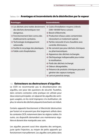 Tableau 10.4 Avantages et inconvénients de la désinfection par la vapeur
Avantages Inconvénients
 Les déchets ainsi traités deviennent
des déchets domestiques non
dangereux.
 Fonctionnement bien connu des
établissements sanitaires.
 Technologie écologiquement
rationnelle.
 Facilite le recyclage des plastiques.
 Faible coût d’exploitation.
 Coûts d’installation moyens à élevés
(500-100 000 francs suisses)
 Besoin d’électricité.
 Production d’eaux usées contaminées
nécessitant un traitement spécial.
 Parfois nécessité d’une chaudière avec
contrôle d’émissions.
 Ne convient pas pour déchets chimiques
ou pharmaceutiques.
 Apparence des déchets inchangée.
 Déchiquetage indispensable pour éviter
la réutilisation.
 Poids des déchets inchangé.
 Odeurs désagréables.
 Présence de produits chimiques pouvant
générer des vapeurs toxiques.
 Lent et prend du temps.
10.5 Extracteurs ou destructeurs d’aiguilles
Le CICR ne recommande pas la désolidarisation des
aiguilles, ceci pour des questions de sécurité. Toutefois,
dans certains contextes cette pratique est utilisée pour
deux raisons principales : en séparant les aiguilles des serin-
gues usagées, on les rend impropres à la réutilisation ; de
plus, le volume des déchets piquants/tranchants est réduit.
Certains appareils fonctionnent à l’électricité (destruction
par fusion) et ne peuvent pas être largement utilisés dans
les contextes CICR, notamment dans les régions isolées. En
outre, ces dispositifs demandent une maintenance régu-
lière et doivent être manipulés avec soin.
Les aiguilles peuvent aussi être séparées des seringues,
juste après l’injection, au moyen de petits appareils qui
fonctionnent manuellement. Les aiguilles sont jetées dans
10. Traitement et élimination 71
 