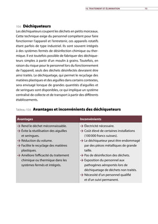 10.6 Déchiqueteurs
Les déchiqueteurs coupent les déchets en petits morceaux.
Cette technique exige du personnel compétent pour faire
fonctionner l’appareil et l’entretenir, ces appareils rotatifs
étant parfois de type industriel. Ils sont souvent intégrés
à des systèmes fermés de désinfection chimique ou ther-
mique. Il est toutefois possible de fabriquer des déchique-
teurs simples à partir d’un moulin à grains. Toutefois, en
raison du risque pour le personnel lors du fonctionnement
de l’appareil, seuls des déchets désinfectés devraient être
ainsi traités. Le déchiquetage, qui permet le recyclage des
matières plastiques et des aiguilles dans certains contextes,
sera envisagé lorsque de grandes quantités d’aiguilles et
de seringues sont disponibles, ce qui implique un système
centralisé de collecte et de transport à partir des différents
établissements.
Avantages Inconvénients
 Rend le déchet méconnaissable.
 Évite la réutilisation des aiguilles
et seringues.
 Réduction du volume.
 Facilite le recyclage des matières
plastiques.
 Améliore l’efficacité du traitement
chimique ou thermique dans les
systèmes fermés et intégrés.
 Électricité nécessaire.
 Coût élevé de certaines installations
(100 000 francs suisses).
 Le déchiqueteur peut être endommagé
par des pièces métalliques de grande
taille.
 Pas de désinfection des déchets.
 Exposition du personnel aux
pathogènes aéroportés lors de
déchiquetage de déchets non traités.
 Nécessité d’un personnel qualifié
et d’un suivi permanent.
Tableau 10.6 Avantages et inconvénients des déchiqueteurs
10. Traitement et élimination 73
 