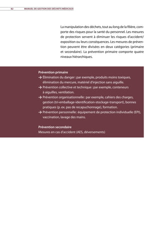 82	 Manuel de gestion des déchets médicaux
La manipulation des déchets, tout au long de la filière, com-
porte des risques pour la santé du personnel. Les mesures
de protection servent à diminuer les risques d’accident/
exposition ou leurs conséquences. Les mesures de préven-
tion peuvent être divisées en deux catégories (primaire
et secondaire). La prévention primaire comporte quatre
niveaux hiérarchiques.
Prévention primaire
 Élimination du danger : par exemple, produits moins toxiques,
élimination du mercure, matériel d’injection sans aiguille.
 Prévention collective et technique : par exemple, conteneurs
à aiguilles, ventilation.
 Prévention organisationnelle : par exemple, cahiers des charges,
gestion (tri-emballage-identification-stockage-transport), bonnes
pratiques (p. ex. pas de recapuchonnage), formation.
 Prévention personnelle : équipement de protection individuelle (EPI),
vaccination, lavage des mains.
Prévention secondaire
Mesures en cas d’accident (AES, déversements)
 