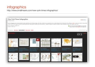infographics
http://www.smallmeans.com/new-york-times-infographics/
 