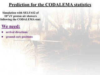 Prediction for the CODALEMA statistics
Simulation with SELFAS2 of
1017eV proton air showers
following the CODALEMA stat:
We need:
• arrival directions
• ground core positions
 