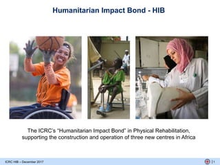 |
Humanitarian Impact Bond - HIB
The ICRC’s “Humanitarian Impact Bond” in Physical Rehabilitation,
supporting the construction and operation of three new centres in Africa
1ICRC HIB – December 2017
 