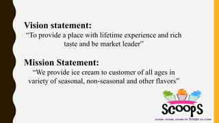 Vision statement:
“To provide a place with lifetime experience and rich
taste and be market leader”
Mission Statement:
“We provide ice cream to customer of all ages in
variety of seasonal, non-seasonal and other flavors”
 