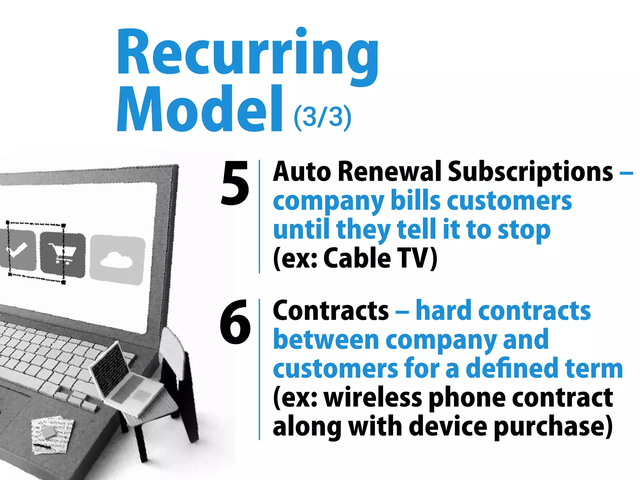 Recurring
Model
AutoRenewalSubscriptions‒
companybillscustomers
untiltheytellittostop
(ex:CableTV)
 ‒hardcontractsContracts
betweencompanyand
customersforadeﬁnedterm
(ex:wirelessphonecontract
alongwithdevicepurchase)
5
6
(3/3)
 
