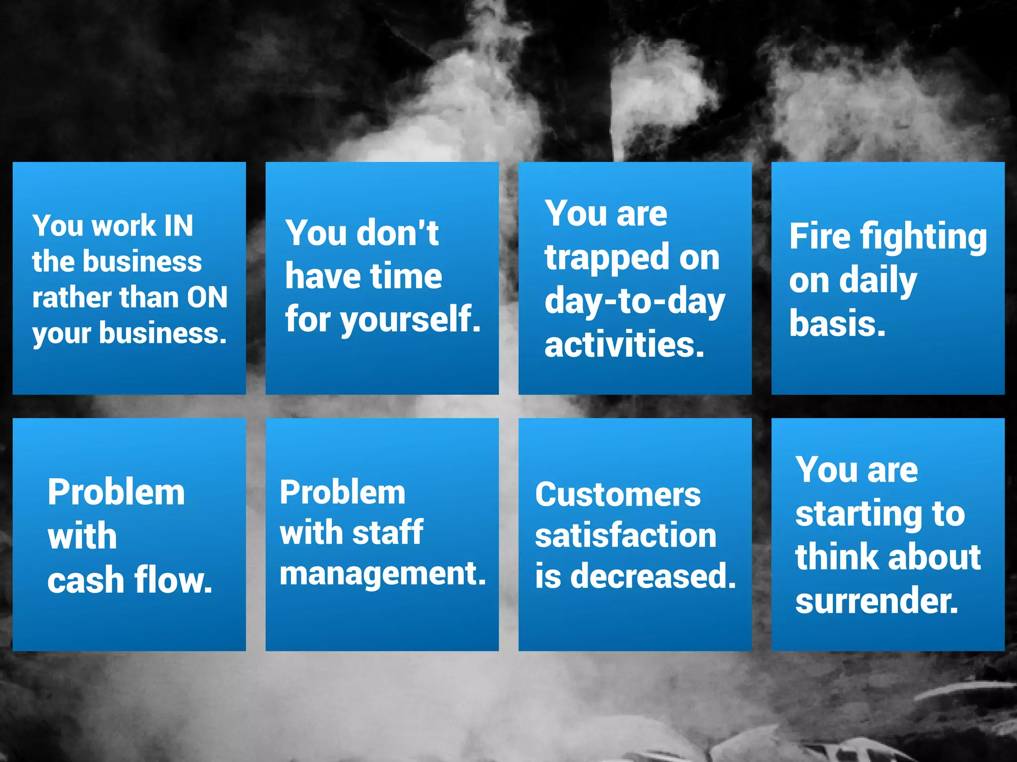 You are
trapped on
day-to-day
activities.
You work IN
the business
rather than ON
your business.
You don’t
have time
for yourself.
Fire ﬁghting
on daily
basis.
Customers
satisfaction
is decreased.
Problem
with
cash ﬂow.
Problem
with staff
management.
You are
starting to
think about
surrender.
 