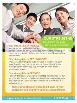 OUR STRENGTHS
                            Our strengths are made
 Our strength is in PEOPLE.   perfect in your weakness.
 We are an experienced team from
 diverse industries, highly skilled and committed to provide quick
 response and delivery to help you thrive on a highly competitive
 environment.
 Our strength is in TECHNOLOGY.

 cutting edge of technology. We maintain an open-ended ,
 future-proof system.

 Our strength is in SERVICE.
 Perfectly the reason why we have created brand names for our
 services. Our brands come before us and introduce who we are

 individual needs.
    These strengths synergize to fill gaps in your
    operation and help turn your business around.


                                                1.917.7255158
 iCreate Solutions for Media & Technology 63.2.4806252 • 63.2.4412616
iCreate Solutions for Media & Technology
 