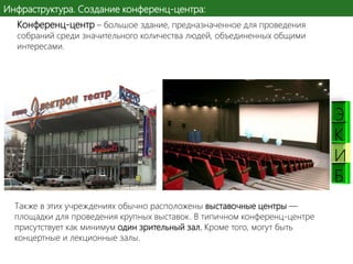 Инфраструктура. Создание конференц-центра:
Конференц-центр – большое здание, предназначенное для проведения

собраний среди значительного количества людей, объединенных общими
интересами.

К
И
Б
Также в этих учреждениях обычно расположены выставочные центры —
площадки для проведения крупных выставок. В типичном конференц-центре
присутствует как минимум один зрительный зал. Кроме того, могут быть
концертные и лекционные залы.

 