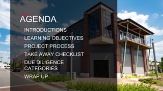 AGENDA
TODAY’S
+INTRODUCTIONS
+LEARNING OBJECTIVES
+PROJECT PROCESS
+TAKE AWAY CHECKLIST
+DUE DILIGENCE
CATEGORIES
+WRAP UP
 