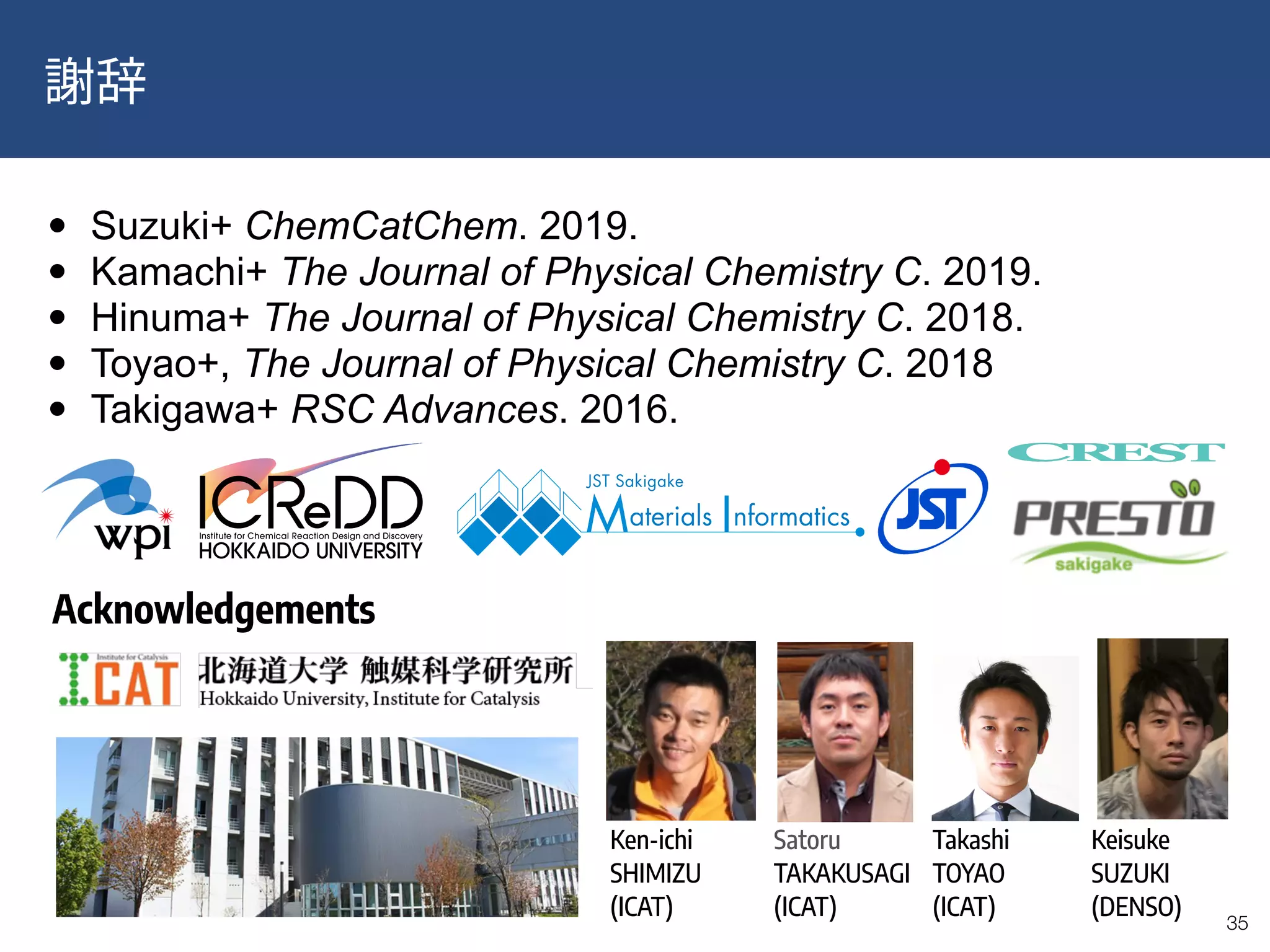 !35
Acknowledgements
Ken-ichi
SHIMIZU 
(ICAT)
Satoru
TAKAKUSAGI 
(ICAT)
Takashi
TOYAO 
(ICAT)
Keisuke 
SUZUKI 
(DENSO)
• Suzuki+ ChemCatChem. 2019.
• Kamachi+ The Journal of Physical Chemistry C. 2019.
• Hinuma+ The Journal of Physical Chemistry C. 2018.
• Toyao+, The Journal of Physical Chemistry C. 2018
• Takigawa+ RSC Advances. 2016.
 