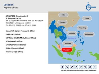 “We are your best alternate source – We try harder!”
Location
Regional offices
South China Sea
Thailand
Malaysia
India
Vietnam
Philippines
Hong Kong
China
Singapore
SINGAPORE (Headquarters)
IC Resource Pte Ltd
Blk 3, Ang Mo Kio Industrial Park 2A, #04-08/09,
AMK TECH 1, Singapore 568050
Tel: 65 6552 0098 | Fax: 65 6452 0098
MALAYSIA (Johor, Penang, KL Office)
THAILAND (Office)
VIETNAM (Ho Chi Minh, Hanoi Office)
HONG KONG (Office)
CHINA (Shenzhen Branch)
INDIA (Chennai Office)
Taiwan (Taipei office)
 