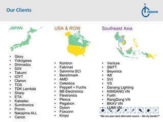 “We are your best alternate source – We try harder!”
Southeast Asia
• Venture
• SMTT
• Beyonics
• IMI
• SVI
• VS
• Danang Lighting
• KIMSANG VN
• Forth
• RangDong VN
• BKAV VN
• LUMI VN
JAPAN
• Glory
• Yokogawa
• Shimadzu
• SIIX
• Takumi
• IOYT
• Clarion
• TOA
• TDK Lambda
• Sharp
• ETA
• Katoelec
• Sumitronics
• Pricon
• Nakajima ALL
• Canon
USA & ROW
• Kontron
• Fabrinet
• Sanmina SCI
• Benchmark
• AMD
• Celestica
• Pepperl + Fuchs
• BB Electronics
• Flextronics
• Plexus
• Pegatron
• Dyson
• Foxconn
• Kinpo
Our Clients
 