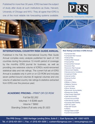 Published for more than 30 years, ICRG has been the subject 
of study after study at such institutions as Duke, Harvard, 
University of Chicago and NYU. They all agree that ICRG is 
one of the most reliable risk forecasting systems available. 
INTERNATIONAL COUNTRY RISK GUIDE ANNUAL 
Published in the Fall, the International Country Risk Guide 
Annual compiles every analysis published for each of 140 
countries during the previous 12-month period of coverage 
by the monthly ICRG journal for business, as well as 
providing one extensive volume of ICRG’s world-renowned 
statistical data and risk ratings. The current full set of ICRG 
Annual is available only in print or on CD-ROM and includes 
seven perfect-bound volumes (6 regional volumes and one 
volume of selected country risk ratings & statistics extracted 
from ICRG over the previous year) 
ACADEMIC PRICING – PRINT OR CD ROM 
Full Set $2,262 
Volumes 1-6 $386 each 
Volume 7 $892 
Standing Orders (Full sets only) $1,823 
Quantitative Risk | Global Expertise | Independent 
Risk Ratings and Data in ICRG Annual 
• Composite Risk 
• Composite Risk Forecast 
• Political Risk 
• Political Risk Forecast 
• Financial Risk 
• Financial Risk Forecast 
• Economic Risk 
• Economic Risk Forecast 
• Government Stability 
• Socioeconomic Conditions 
• Investment Profile 
• Internal Conflict 
• External Conflict 
• Corruption 
• Military in Politics 
• Religious Tensions 
• Law and Order 
• Ethnic Tensions 
• Democratic Accountability 
• Bureaucracy Quality 
• Total Foreign Debt/GDP 
• Debt Service/XGS 
• Current Account/XGS 
• International Liquidity 
• Exchange Rate Stability 
• GDP Per Capita 
• Real GDP Growth 
• Inflation 
• Budget Balance/GDP 
• Current Account/GDP 
The PRS Group | 5800 Heritage Landing Drive, Suite E | East Syracuse, NY 13057-9378 
Tel. +1 (315) 431-0511 | Fax. +1 (315) 431-0200 | custserv@prsgroup.com | www.prsgroup.com 
 