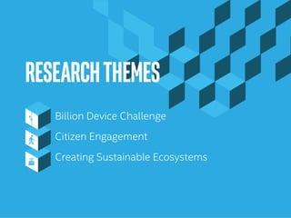 Billion Device Challenge
Citizen Engagement
Creating Sustainable Ecosystems
RESEARCHTHEMES	
 