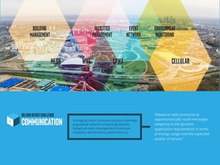 BILLIONDEVICECHALLENGE
COMMUNICATION	
“Adaptive radio protocols to
opportunistically route messages
adapting to the dynamic
application requirements in terms
of energy usage and the expected
quality of service.”
Managing radio communications in densely-
populated network of sensing devices.
[adaptive radio management to ensure
reliability and enhance performance.]
 