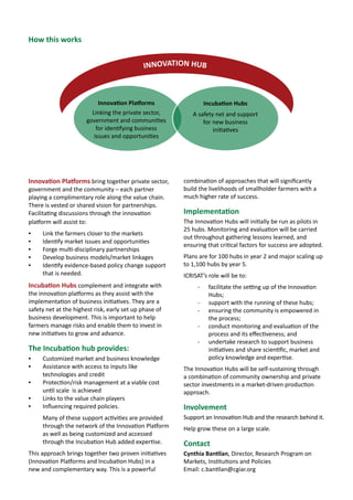BIGIDEAS8 ICT agro-advisories –
sustainable business models
Sciencewithahumanface
The latest ICT will be used to bring affordable and appropriate precision
knowledge solutions and inputs to smallholder farmers.
Customized agro-advisory services will be provided. This will be done by:
Bringing
together
private and
public enterprises
Developing
new sustainable
business models
Connecting
the ICT
platforms and
the content
January 2014
About ICRISAT: www.icrisat.org
ICRISAT’s scientific information: http://EXPLOREit.icrisat.org
 