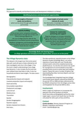 BIGIDEAS13 Global agribusiness incubation model
Sciencewithahumanface
We see a huge need and value in fostering agribusiness entrepreneurship
in developing countries. To take this even further, we see an opportunity to
provide the connections to the global markets, for these entrepreneurs.
This can be achieved by:
	 Setting up agribusiness incubators in developing countries
	 Linking these agribusiness incubators to provide access to the knowledge,
technology, connections and markets in other countries.
January 2014
About ICRISAT: www.icrisat.org
ICRISAT’s scientific information: http://EXPLOREit.icrisat.org
 