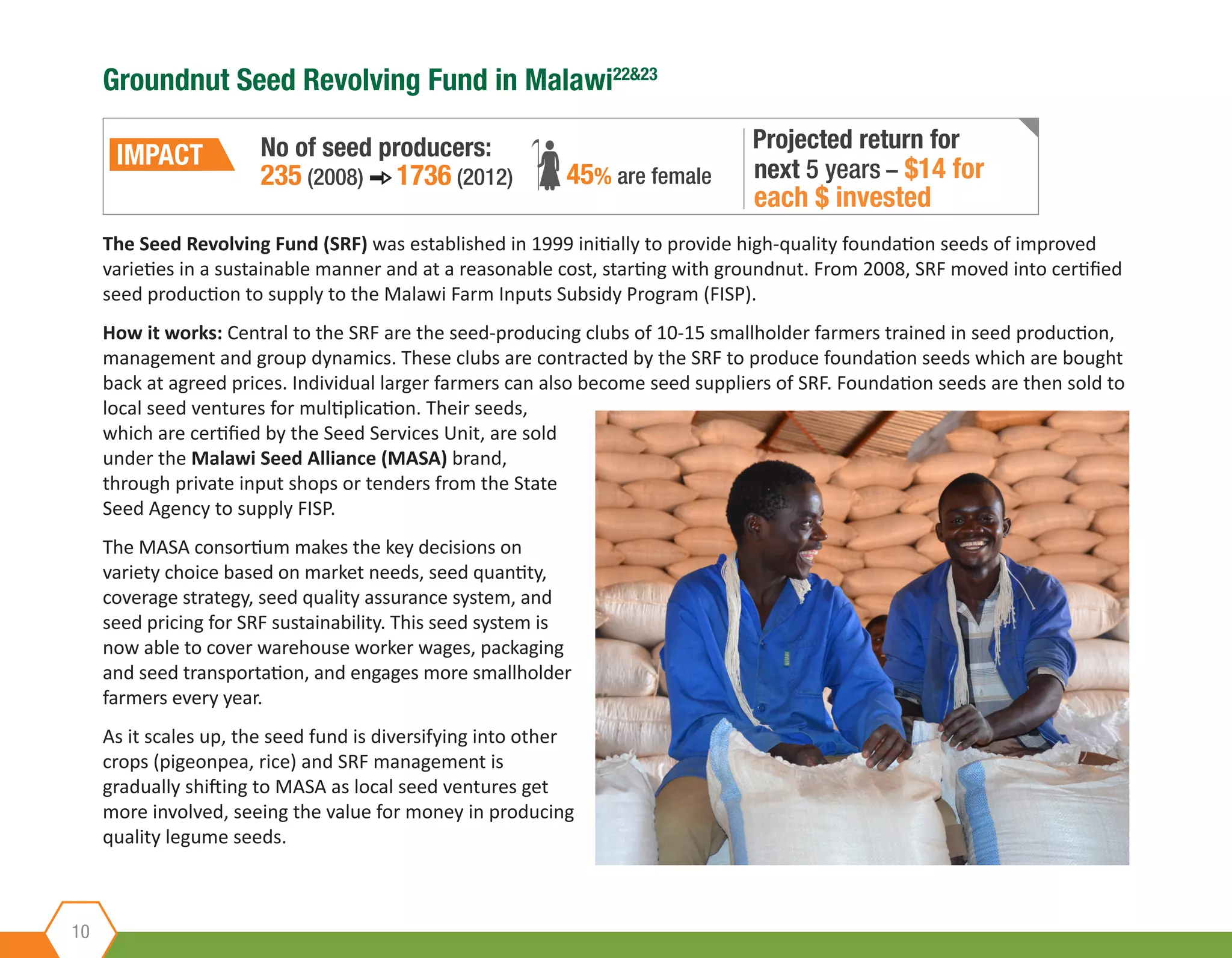 The Seed Revolving Fund (SRF) was established in 1999 initially to provide high-quality foundation seeds of improved
varieties in a sustainable manner and at a reasonable cost, starting with groundnut. From 2008, SRF moved into certified
seed production to supply to the Malawi Farm Inputs Subsidy Program (FISP).
How it works: Central to the SRF are the seed-producing clubs of 10-15 smallholder farmers trained in seed production,
management and group dynamics. These clubs are contracted by the SRF to produce foundation seeds which are bought
back at agreed prices. Individual larger farmers can also become seed suppliers of SRF. Foundation seeds are then sold to
local seed ventures for multiplication. Their seeds,
which are certified by the Seed Services Unit, are sold
under the Malawi Seed Alliance (MASA) brand,
through private input shops or tenders from the State
Seed Agency to supply FISP.
The MASA consortium makes the key decisions on
variety choice based on market needs, seed quantity,
coverage strategy, seed quality assurance system, and
seed pricing for SRF sustainability. This seed system is
now able to cover warehouse worker wages, packaging
and seed transportation, and engages more smallholder
farmers every year.
As it scales up, the seed fund is diversifying into other
crops (pigeonpea, rice) and SRF management is
gradually shifting to MASA as local seed ventures get
more involved, seeing the value for money in producing
quality legume seeds.
Groundnut Seed Revolving Fund in Malawi22&23
10
Projected return forNo of seed producers:
235 (2008) 1736 (2012) 45% are female
IMPACT next 5 years – $14 for
each $ invested
 