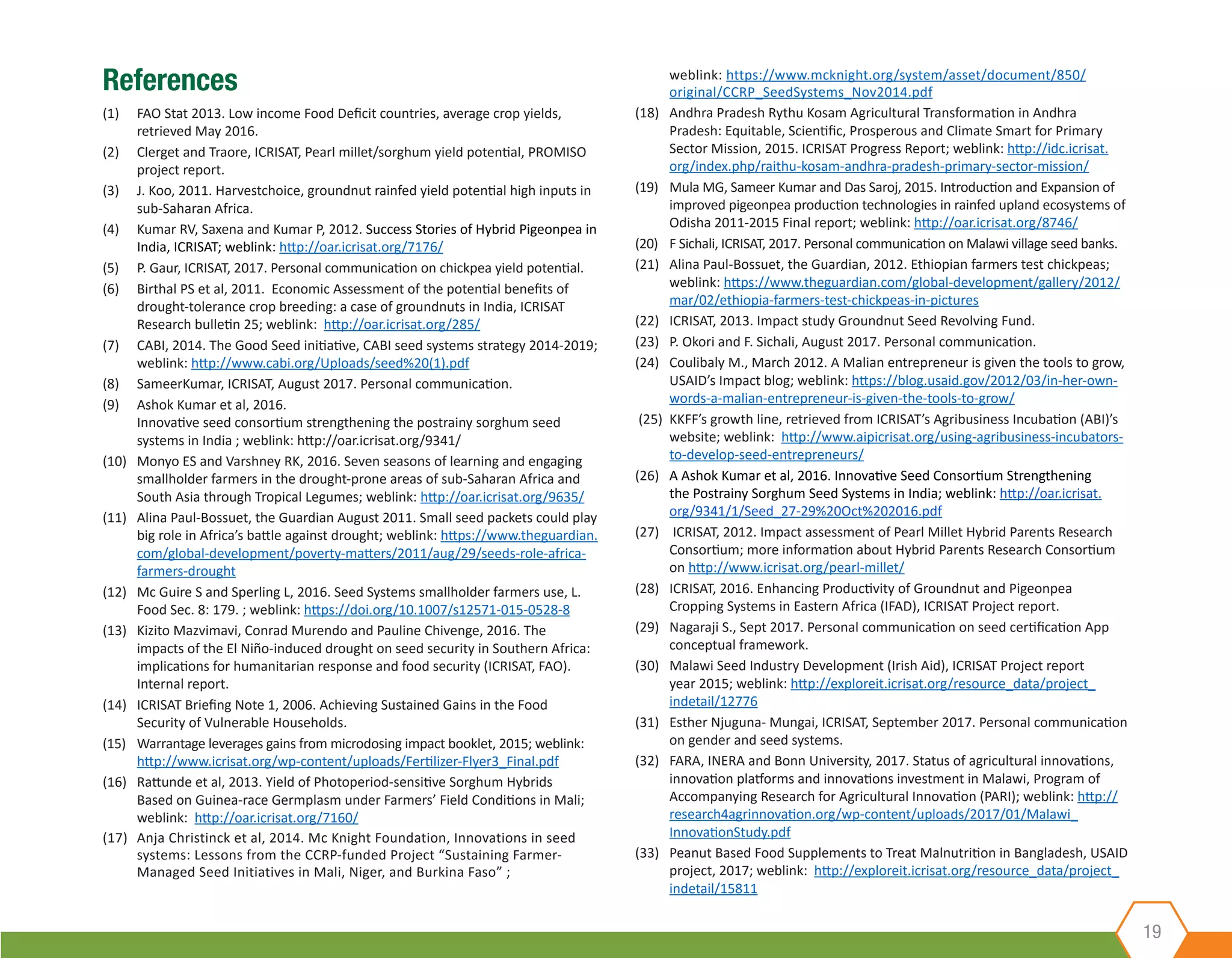 19
References
(1)	 FAO Stat 2013. Low income Food Deficit countries, average crop yields,
retrieved May 2016.
(2)	 Clerget and Traore, ICRISAT, Pearl millet/sorghum yield potential, PROMISO
project report.
(3)	 J. Koo, 2011. Harvestchoice, groundnut rainfed yield potential high inputs in
sub-Saharan Africa.
(4)	 Kumar RV, Saxena and Kumar P, 2012. Success Stories of Hybrid Pigeonpea in
India, ICRISAT; weblink: http://oar.icrisat.org/7176/
(5)	 P. Gaur, ICRISAT, 2017. Personal communication on chickpea yield potential.
(6)	 Birthal PS et al, 2011. Economic Assessment of the potential benefits of
drought-tolerance crop breeding: a case of groundnuts in India, ICRISAT
Research bulletin 25; weblink: http://oar.icrisat.org/285/
(7)	 CABI, 2014. The Good Seed initiative, CABI seed systems strategy 2014-2019;
weblink: http://www.cabi.org/Uploads/seed%20(1).pdf
(8)	 SameerKumar, ICRISAT, August 2017. Personal communication.
(9)	 Ashok Kumar et al, 2016.
Innovative seed consortium strengthening the postrainy sorghum seed 
systems in India ; weblink: http://oar.icrisat.org/9341/
(10)	 Monyo ES and Varshney RK, 2016. Seven seasons of learning and engaging
smallholder farmers in the drought-prone areas of sub-Saharan Africa and
South Asia through Tropical Legumes; weblink: http://oar.icrisat.org/9635/
(11)	 Alina Paul-Bossuet, the Guardian August 2011. Small seed packets could play
big role in Africa’s battle against drought; weblink: https://www.theguardian.
com/global-development/poverty-matters/2011/aug/29/seeds-role-africa-
farmers-drought
(12)	 Mc Guire S and Sperling L, 2016. Seed Systems smallholder farmers use, L.
Food Sec. 8: 179. ; weblink: https://doi.org/10.1007/s12571-015-0528-8
(13)	 Kizito Mazvimavi, Conrad Murendo and Pauline Chivenge, 2016. The
impacts of the El Niño-induced drought on seed security in Southern Africa:
implications for humanitarian response and food security (ICRISAT, FAO).
Internal report.
(14)	 ICRISAT Briefing Note 1, 2006. Achieving Sustained Gains in the Food
Security of Vulnerable Households.
(15)	 Warrantage leverages gains from microdosing impact booklet, 2015; weblink:
http://www.icrisat.org/wp-content/uploads/Fertilizer-Flyer3_Final.pdf
(16)	 Rattunde et al, 2013. Yield of Photoperiod-sensitive Sorghum Hybrids
Based on Guinea-race Germplasm under Farmers’ Field Conditions in Mali;
weblink: http://oar.icrisat.org/7160/
(17)	 Anja Christinck et al, 2014. Mc Knight Foundation, Innovations in seed
systems: Lessons from the CCRP-funded Project “Sustaining Farmer-
Managed Seed Initiatives in Mali, Niger, and Burkina Faso” ;
weblink: https://www.mcknight.org/system/asset/document/850/
original/CCRP_SeedSystems_Nov2014.pdf
(18)	 Andhra Pradesh Rythu Kosam Agricultural Transformation in Andhra
Pradesh: Equitable, Scientific, Prosperous and Climate Smart for Primary
Sector Mission, 2015. ICRISAT Progress Report; weblink: http://idc.icrisat.
org/index.php/raithu-kosam-andhra-pradesh-primary-sector-mission/
(19)	 Mula MG, Sameer Kumar and Das Saroj, 2015. Introduction and Expansion of
improved pigeonpea production technologies in rainfed upland ecosystems of
Odisha 2011-2015 Final report; weblink: http://oar.icrisat.org/8746/
(20)	 F Sichali, ICRISAT, 2017. Personal communication on Malawi village seed banks.
(21)	 Alina Paul-Bossuet, the Guardian, 2012. Ethiopian farmers test chickpeas;
weblink: https://www.theguardian.com/global-development/gallery/2012/
mar/02/ethiopia-farmers-test-chickpeas-in-pictures
(22) 	 ICRISAT, 2013. Impact study Groundnut Seed Revolving Fund.
(23) 	 P. Okori and F. Sichali, August 2017. Personal communication.
(24) 	 Coulibaly M., March 2012. A Malian entrepreneur is given the tools to grow,
USAID’s Impact blog; weblink: https://blog.usaid.gov/2012/03/in-her-own-
words-a-malian-entrepreneur-is-given-the-tools-to-grow/
(25)	 KKFF’s growth line, retrieved from ICRISAT’s Agribusiness Incubation (ABI)’s
website; weblink: http://www.aipicrisat.org/using-agribusiness-incubators-
to-develop-seed-entrepreneurs/
(26) 	 A Ashok Kumar et al, 2016. Innovative Seed Consortium Strengthening
the Postrainy Sorghum Seed Systems in India; weblink: http://oar.icrisat.
org/9341/1/Seed_27-29%20Oct%202016.pdf
(27)	 ICRISAT, 2012. Impact assessment of Pearl Millet Hybrid Parents Research
Consortium; more information about Hybrid Parents Research Consortium
on http://www.icrisat.org/pearl-millet/
(28) 	 ICRISAT, 2016. Enhancing Productivity of Groundnut and Pigeonpea
Cropping Systems in Eastern Africa (IFAD), ICRISAT Project report.
(29) 	 Nagaraji S., Sept 2017. Personal communication on seed certification App
conceptual framework.
(30) 	 Malawi Seed Industry Development (Irish Aid), ICRISAT Project report
year 2015; weblink: http://exploreit.icrisat.org/resource_data/project_
indetail/12776
(31) 	 Esther Njuguna- Mungai, ICRISAT, September 2017. Personal communication
on gender and seed systems.
(32) 	 FARA, INERA and Bonn University, 2017. Status of agricultural innovations,
innovation platforms and innovations investment in Malawi, Program of
Accompanying Research for Agricultural Innovation (PARI); weblink: http://
research4agrinnovation.org/wp-content/uploads/2017/01/Malawi_
InnovationStudy.pdf
(33) 	 Peanut Based Food Supplements to Treat Malnutrition in Bangladesh, USAID
project, 2017; weblink: http://exploreit.icrisat.org/resource_data/project_
indetail/15811
 