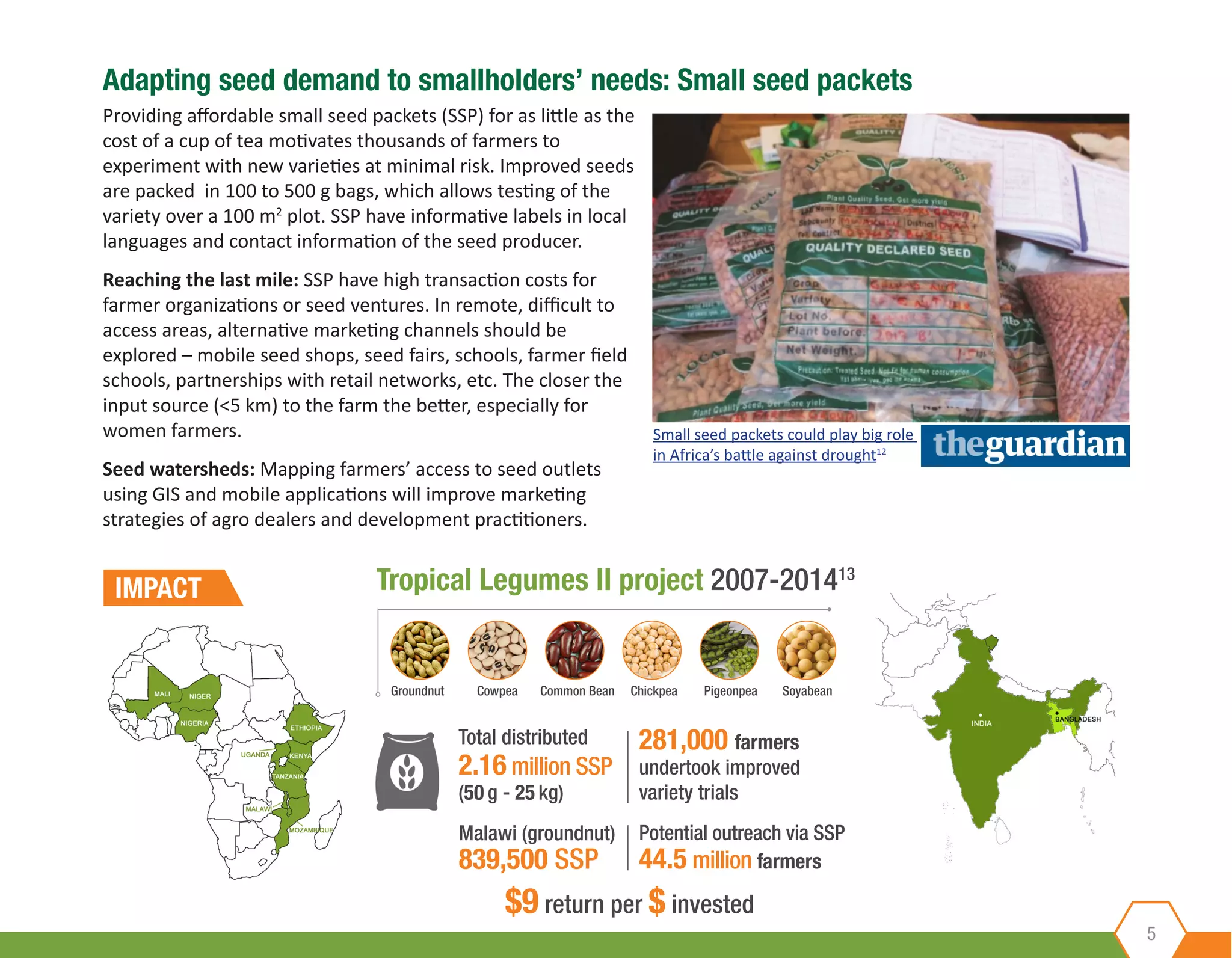 Adapting seed demand to smalIhoIders’ needs: Small seed packets
Providing affordable small seed packets (SSP) for as little as the
cost of a cup of tea motivates thousands of farmers to
experiment with new varieties at minimal risk. Improved seeds
are packed in 100 to 500 g bags, which allows testing of the
variety over a 100 m2
plot. SSP have informative labels in local
languages and contact information of the seed producer.
Reaching the last mile: SSP have high transaction costs for
farmer organizations or seed ventures. In remote, difficult to
access areas, alternative marketing channels should be
explored – mobile seed shops, seed fairs, schools, farmer field
schools, partnerships with retail networks, etc. The closer the
input source (<5 km) to the farm the better, especially for
women farmers.
Seed watersheds: Mapping farmers’ access to seed outlets
using GIS and mobile applications will improve marketing
strategies of agro dealers and development practitioners.
Total distributed
2.16 million SSP
(50 g - 25 kg)
Malawi (groundnut)
839,500 SSP
IMPACT
Small seed packets could play big role
in Africa’s battle against drought12
Tropical Legumes II project 2007-201413
Potential outreach via SSP
44.5 million farmers
281,000 farmers
undertook improved
variety trials
Groundnut Cowpea Chickpea Pigeonpea SoyabeanCommon Bean
5
$9 return per $ invested
 