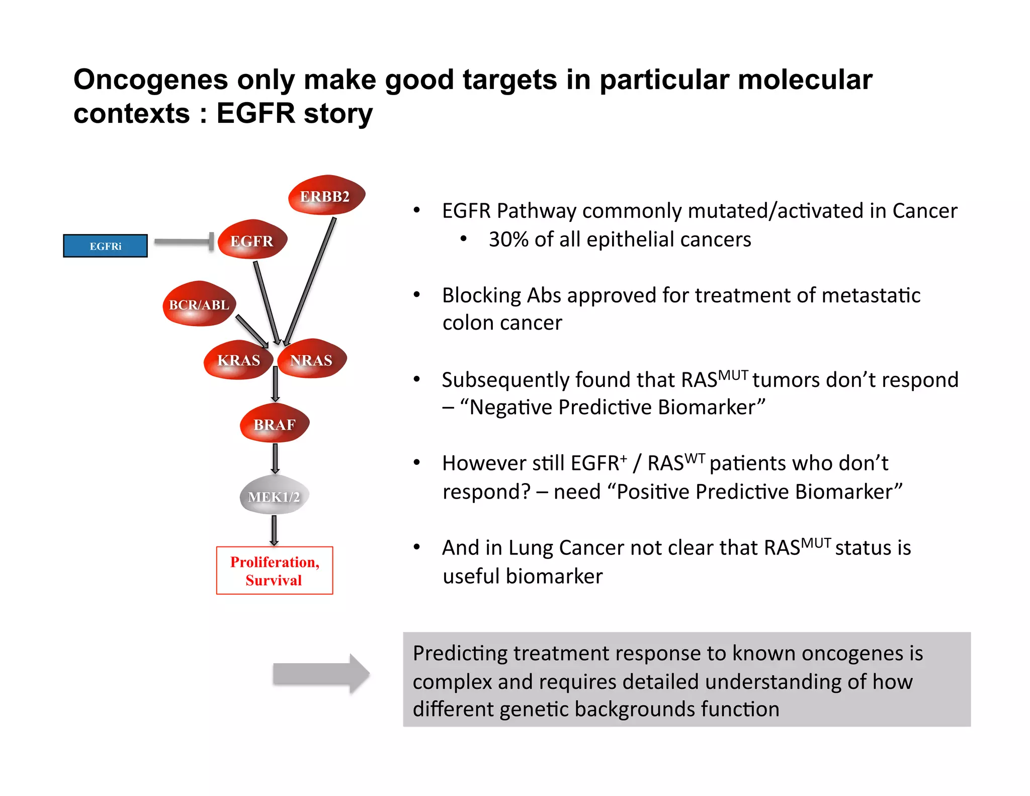 Oncogenes only make good targets in particular molecular
contexts : EGFR story

                             ERBB2
                                     •  EGFR	
  Pathway	
  commonly	
  mutated/acFvated	
  in	
  Cancer	
  
 EGFRi             EGFR                  •  30%	
  of	
  all	
  epithelial	
  cancers	
  

         BCR/ABL
                                     •  Blocking	
  Abs	
  approved	
  for	
  treatment	
  of	
  metastaFc	
  
                                        colon	
  cancer	
  
              KRAS          NRAS
                                     •  Subsequently	
  found	
  that	
  RASMUT	
  tumors	
  don’t	
  respond	
  
                                        –	
  “NegaFve	
  PredicFve	
  Biomarker”	
  
                      BRAF

                                     •  However	
  sFll	
  EGFR+	
  /	
  RASWT	
  paFents	
  who	
  don’t	
  
                     MEK1/2             respond?	
  –	
  need	
  “PosiFve	
  PredicFve	
  Biomarker”	
  

                                     •  And	
  in	
  Lung	
  Cancer	
  not	
  clear	
  that	
  RASMUT	
  status	
  is	
  
                   Proliferation,
                     Survival           useful	
  biomarker	
  


                                     PredicFng	
  treatment	
  response	
  to	
  known	
  oncogenes	
  is	
  
                                     complex	
  and	
  requires	
  detailed	
  understanding	
  of	
  how	
  
                                     diﬀerent	
  geneFc	
  backgrounds	
  funcFon	
  
 
