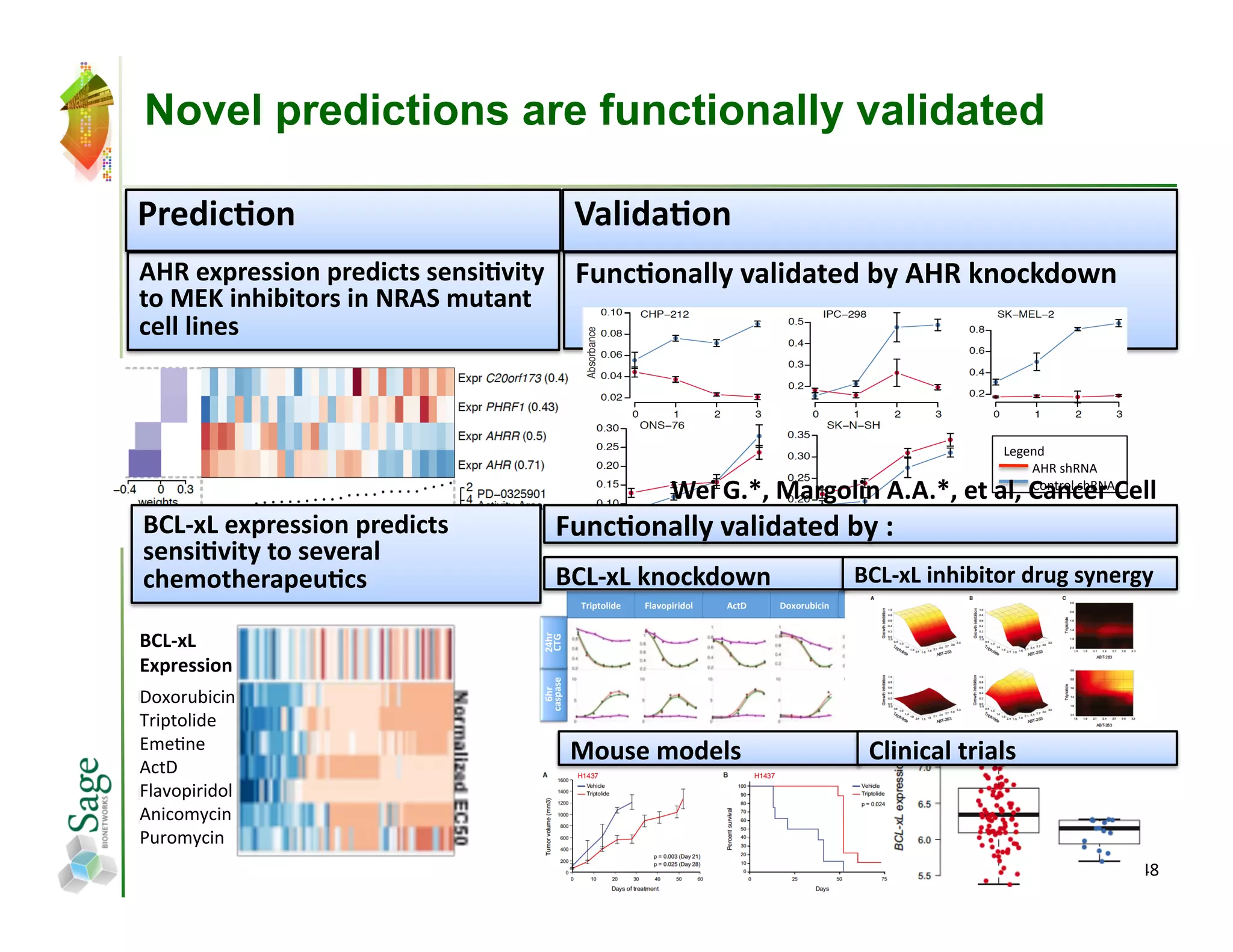 Novel predictions are functionally validated

Predic;on	
                                             Valida;on	
  
AHR	
  expression	
  predicts	
  sensi;vity	
   Func;onally	
  validated	
  by	
  AHR	
  knockdown	
  
to	
  MEK	
  inhibitors	
  in	
  NRAS	
  mutant	
  
cell	
  lines	
  



                                                                                                                                         Legend	
  
                                                                                                                                         	
  	
  	
  	
  	
  	
  	
  	
  	
  AHR	
  shRNA	
  
                                                                             Wei	
  G.*,	
  Margolin	
  A.A.*,	
  et	
  al,	
  Cancer	
  Cell	
  
                                                                                                                                         	
  	
  	
  	
  	
  	
  	
  	
  	
  Control	
  shRNA	
  


    BCL-­‐xL	
  expression	
  predicts	
          Func;onally	
  validated	
  by	
  :	
  
    sensi;vity	
  to	
  several	
  
    chemotherapeu;cs	
                            BCL-­‐xL	
  knockdown	
                                     BCL-­‐xL	
  inhibitor	
  drug	
  synergy	
  
                                                         !"#$%&'#()*   +',-&$#"#(&'*   ./%0*   0&1&"23#/#4*   .4#5&67/#4*   86)94)*   :2"&67/#4*


!"#$%#&
                                             =><"*
                                             ?!@*




'%()*++,-.&
                                             /,5$,5)*




&


!"#"$%&'(')*
                                               ;<"*




+$',-".'/0*
1203)0*                                                 Mouse	
  models	
                                         Clinical	
  trials	
  
4(-!*
5.67",'$'/".*
4)'("28(')*
9%$"28(')*
                                                                                                                                                                                                    48	
  
 