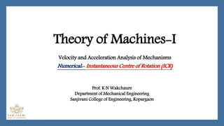 Theory of Machines-I
Velocity and Acceleration Analysis of Mechanisms
Numerical:- Instantaneous Centre of Rotation (ICR)
Prof. K N Wakchaure
Department of Mechanical Engineering
Sanjivani College of Engineering, Kopargaon
 