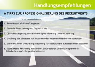 Handlungsempfehlungen
6 TIPPS ZUR PROFESSIONALISIERUNG DES RECRUITMENTS


1. Recruitment als Prozeß angehen

2. Zentrale Finanzierung und Organisation

3. Qualitätssteigerung durch höhere Spezialisierung und Fokussierung

4. Erhöhung des Einsatzes von internen oder externen dezidierten Recruitern

5. Zielorientiertes Controlling/Reporting für Recruitment aufsetzen oder ausbauen

6. Social Media Recruiting kontrolliert ausprobieren und mit Programm für
  Mitarbeiterempfehlungen kombinieren
 