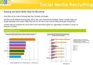 Social Media Recruiting
Nutzung von Social Media Tools für Recruiting

Beim Blick auf die relative Nutzung liegt Xing, Facebook und Google.

Der Blick auf die absolute Nutzung zeigt, daß ca. 50% aller Unternehmen Facebook, Twitter, LinkedIn, Blogs und
Google überhaupt nicht nutzen. Selbst Xing wird von 10 % der Firmen nicht für diesen Zweck gar nicht genutzt.

Und der Hype bei Facebook? Nur etwas über4 % der Unternehmen geben an, regelmäßig zu Facebook zu nutzen um
Bewerber zu finden.


Social Media Nutzung




                                                                                                           Frage:Bitte wählen Sie die passende
                                                                                                           Ergänzung in Bezug auf Ihr Unternehmen
                                                                                                           für folgende Sätze: In unserem
                                                                                                           Unternehmen nutzen wir für Recruiting...




         Nutzung (Rangmittelwert 1= trifft gar nicht zu, 5 = trifft immer zu)
                                                                                          Nennungen in %
 
