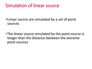 Simulation of linear source
•Linear source are simulated by a set of point
sources
•The linear source simulated by the point source is
longer than the distance between the extreme
point sources
 