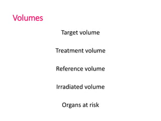 Volumes
Target volume
Treatment volume
Reference volume
Irradiated volume
Organs at risk
 