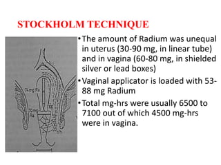STOCKHOLM TECHNIQUE
•The amount of Radium was unequal
in uterus (30-90 mg, in linear tube)
and in vagina (60-80 mg, in shielded
silver or lead boxes)
•Vaginal applicator is loaded with 53-
88 mg Radium
•Total mg-hrs were usually 6500 to
7100 out of which 4500 mg-hrs
were in vagina.
 