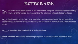 PLOTTING IN A DVH
• Dmin - The first defined point located at the intersection along the horizontal line representing
100 % volume and the vertical line representing the minimum calculated absorbed dose.
• Dmax – The last point in the DVH curve located at the intersection along the horizontal line
representing 0 % volume (along the abscissa) and the point of maximum calculated absorbed
dose.
• Dmedian – Absorbed dose received by 50% of the volume.
• Mean absorbed dose – Amount of energy imparted to the PTV divided by the PTV mass.
 