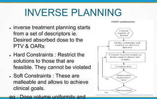 INVERSE PLANNING
 inverse treatment planning starts
from a set of descriptors ie.
Desired absorbed dose to the
PTV & OARs
 Hard Constraints : Restrict the
solutions to those that are
feasible. They cannot be violated
 Soft Constraints : These are
malleable and allows to achieve
clinical goals.
eg : Dose volume uniformity and
 