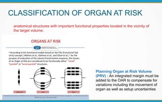 CLASSIFICATION OF ORGAN AT RISK
Planning Organ at Risk Volume
(PRV) : An integrated margin must be
added to the OAR to compensate for
variations including the movement of
organ as well as setup uncertainties
anatomical structures with important functional properties located in the vicinity of
the target volume.
 