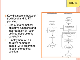  Key distinctions between
traditional and IMRT
planning :
1. Use of mathematical
objective functions and
incorporation of user
defined dose-volume
constraints
2. Employment of an
iterative computer-
based IMRT algorithm
to seek the optimal
solution.
ICRU-83
 