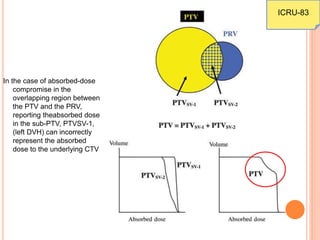 In the case of absorbed-dose
compromise in the
overlapping region between
the PTV and the PRV,
reporting theabsorbed dose
in the sub-PTV, PTVSV-1,
(left DVH) can incorrectly
represent the absorbed
dose to the underlying CTV
ICRU-83
 