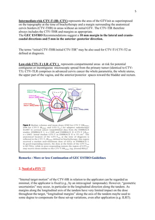 5
Intermediate-risk CTV-T (IR- CTV) represents the area of the GTVinit as superimposed
on the topography at the time of brachytherapy and a margin surrounding the anatomical
cervix borders (CTV-THR) in areas without an initial GTV. The CTV-TIR therefore
always includes the CTV-THR and margins as appropriate.
The GEC ESTRO Recommendations suggest a 10 mm margin in the lateral and cranio-
caudal directions and 5 mm in the anterior–posterior direction.
The terms “initial CTV-THR/initial CTV-TIR” may be also used for CTV-T1/CTV-T2 as
defined at diagnosis.
Low-risk CTV-T ( LR -CTV ) represents compartmental areas at risk for potential
contiguous or incontiguous microscopic spread from the primary tumor (identical to CTV-
T3). CTV-TLR comprises in advanced cervix cancer the whole parametria, the whole uterus,
the upper part of the vagina, and the anterior/posterior spaces toward the bladder and rectum.
Remarks : More or less Continuation of GEC ESTRO Guidelines
2. Need of a PTV ??
“Internal target motion” of the CTV-HR in relation to the applicator can be regarded as
minimal, if the applicator is fixed (e.g., by an intravaginal tamponade). However, “geometric
uncertainties” may occur, in particular in the longitudinal direction along the tandem. As
margins along the longitudinal axis of the tandem have very limited impact on the dose
throughout the target, “longitudinal margins” along the axis of the tandem maybe used to
some degree to compensate for these set-up variations, even after application (e.g. ILRT).
 