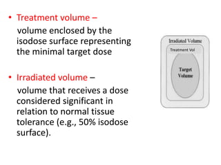 • Treatment volume –
volume enclosed by the
isodose surface representing
the minimal target dose
• Irradiated volume –
volume that receives a dose
considered significant in
relation to normal tissue
tolerance (e.g., 50% isodose
surface).
Treatment Vol
 