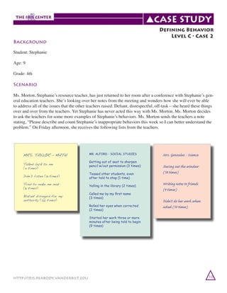 Defining Behavior
Level C • Case 2

Background
Student: Stephanie
Age: 9
Grade: 4th

Scenario
Ms. Morton, Stephanie’s resource teacher, has just returned to her room after a conference with Stephanie’s general education teachers. She’s looking over her notes from the meeting and wonders how she will ever be able
to address all of the issues that the other teachers raised. Defiant, disrespectful, off-task—she heard these things
over and over from the teachers. Yet Stephanie has never acted this way with Ms. Morton. Ms. Morton decides
to ask the teachers for some more examples of Stephanie’s behaviors. Ms. Morton sends the teachers a note
stating, “Please describe and count Stephanie’s inappropriate behaviors this week so I can better understand the
problem.” On Friday afternoon, she receives the following lists from the teachers.

MRS. TAYLOR - MATH

MR. ALFORD - SOCIAL STUDIES

Talked back to me
(4 times)

Getting out of seat to sharpen
pencil w/out permission (3 times)

Didn’t listen (13 times)

Teased other students, even
after told to stop (1 time)

Tried to make me mad
(8 times)

Yelling in the library (2 times)

Blatant disregard for my
authority (20 times)

Called me by my first name
(3 times)
Rolled her eyes when corrected
(2 times)

Mrs. Gonzalez - Science
Staring out the window
(18 times)
Writing notes to friends
(4 times)
Didn’t do her work when
asked (10 times)

Started her work three or more
minutes after being told to begin
(9 times)

http://iris.peabody.vanderbilt.edu

10

 