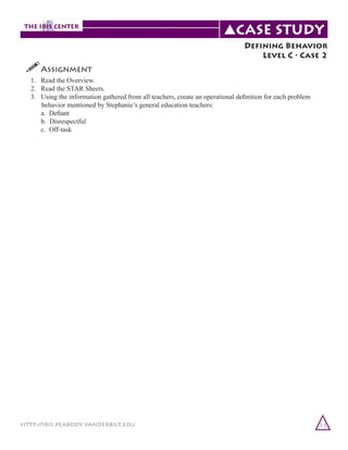 !	
Assignment

Defining Behavior
Level C • Case 2

1.	 Read the Overview.
2.	 Read the STAR Sheets.
3.	 Using the information gathered from all teachers, create an operational definition for each problem
behavior mentioned by Stephanie’s general education teachers:
	 a.  Defiant
	 b. Disrespectful
	 c. Off-task

http://iris.peabody.vanderbilt.edu

11

 