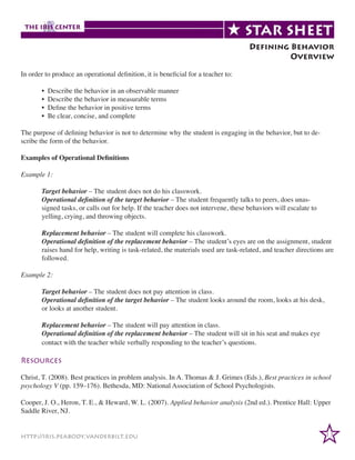 Defining Behavior
Overview
In order to produce an operational definition, it is beneficial for a teacher to:
	
	
	
	

•
•
•
•

Describe the behavior in an observable manner
Describe the behavior in measurable terms
Define the behavior in positive terms
Be clear, concise, and complete

The purpose of defining behavior is not to determine why the student is engaging in the behavior, but to describe the form of the behavior.
Examples of Operational Definitions
Example 1:
	
	
	
	

Target behavior – The student does not do his classwork.
Operational definition of the target behavior – The student frequently talks to peers, does unassigned tasks, or calls out for help. If the teacher does not intervene, these behaviors will escalate to
yelling, crying, and throwing objects.

	
	
	
	

Replacement behavior – The student will complete his classwork.
Operational definition of the replacement behavior – The student’s eyes are on the assignment, student
raises hand for help, writing is task-related, the materials used are task-related, and teacher directions are
followed.

Example 2:
	
	
	

Target behavior – The student does not pay attention in class.
Operational definition of the target behavior – The student looks around the room, looks at his desk,
or looks at another student.

	
	
	

Replacement behavior – The student will pay attention in class.
Operational definition of the replacement behavior – The student will sit in his seat and makes eye
contact with the teacher while verbally responding to the teacher’s questions.

Resources
Christ, T. (2008). Best practices in problem analysis. In A. Thomas & J. Grimes (Eds.), Best practices in school
psychology V (pp. 159–176). Bethesda, MD: National Association of School Psychologists.
Cooper, J. O., Heron, T. E., & Heward, W. L. (2007). Applied behavior analysis (2nd ed.). Prentice Hall: Upper
Saddle River, NJ.
http://iris.peabody.vanderbilt.edu

13

 