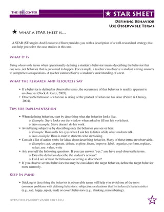 Defining Behavior
Use Observable Terms

 What a STAR Sheet is…
A STAR (STrategies And Resources) Sheet provides you with a description of a well-researched strategy that
can help you solve the case studies in this unit.

What It Is
Using observable terms when operationally defining a student’s behavior means describing the behavior that
one sees, not behavior that is presumed to happen. For example, a teacher can observe a student writing answers
to comprehension questions. A teacher cannot observe a student’s understanding of a text.

What the Research and Resources Say
	
	
	
	

• If a behavior is defined in observable terms, the occurrence of that behavior is readily apparent to
an observer (Nock & Kurtz, 2005).
• Observable behavior is what one is doing or the product of what one has done (Pierce & Cheney,
2004).

Tips for Implementation
	
• When defining behavior, start by describing what the behavior looks like.
		o Example: Steve looks out the window when asked to fill out his worksheet.
		o Non-example: Steve doesn’t do his work.
	
• Avoid being subjective by describing only the behavior you see or hear.
		o Example: Rosa rolls her eyes when I ask her to listen while other students talk.
		o Non-example: Rosa is rude to students who are talking.
	
• Consult a list of action verbs for ideas about describing behavior. Many of these terms are observable.
		o Examples: act, cooperate, debate, explore, focus, improve, label, organize, perform, replace,
		
select, use, value, write
	
• Ask yourself the following questions. If you can answer “yes,” you have used observable terms.
		
o Does the definition describe the student’s actions?
		
o Can I see or hear the behavior occurring as described?
	
• If you observe several behaviors that may be considered the target behavior, define the target behavior
	
more narrowly.

Keep In Mind
	
	
	

• Sticking to describing the behavior in observable terms will help you avoid one of the most
common problems with defining behaviors: subjective evaluations that list inferred characteristics
(e.g., sad, happy, upset, mad) or covert behaviors (e.g., thinking, remembering).

http://iris.peabody.vanderbilt.edu

15

 