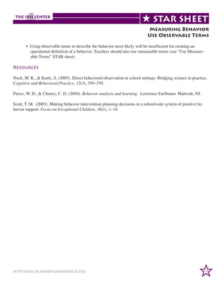 Measuring Behavior
Use Observable Terms
	
	
	

• Using observable terms to describe the behavior most likely will be insufficient for creating an
operational definition of a behavior. Teachers should also use measurable terms (see “Use Measureable Terms” STAR sheet).

Resources
Nock, M. K., & Kurtz, S. (2005). Direct behavioral observation in school settings: Bridging science to practice.
Cognitive and Behavioral Practice, 12(3), 359–370.
Pierce, W. D., & Cheney, C. D. (2004). Behavior analysis and learning. Lawrence Earlbaum: Mahwah, NJ.
Scott, T. M. (2003). Making behavior intervention planning decisions in a schoolwide system of positive behavior support. Focus on Exceptional Children, 36(1), 1–18.

http://iris.peabody.vanderbilt.edu

16

 