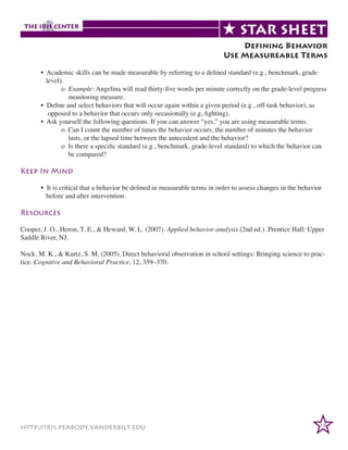 Defining Behavior
Use Measureable Terms

	
	
• Academic skills can be made measurable by referring to a defined standard (e.g., benchmark, grade
	
level).
		o Example: Angelina will read thirty-five words per minute correctly on the grade-level progress
		
monitoring measure.
	
• Define and select behaviors that will occur again within a given period (e.g., off-task behavior), as
	
opposed to a behavior that occurs only occasionally (e.g, fighting).
	
• Ask yourself the following questions. If you can answer “yes,” you are using measurable terms.
		
o Can I count the number of times the behavior occurs, the number of minutes the behavior
		
lasts, or the lapsed time between the antecedent and the behavior?
		
o Is there a specific standard (e.g., benchmark, grade-level standard) to which the behavior can
		
be compared?

Keep In Mind
	
	

• It is critical that a behavior be defined in measurable terms in order to assess changes in the behavior
before and after intervention.

Resources
Cooper, J. O., Heron, T. E., & Heward, W. L. (2007). Applied behavior analysis (2nd ed.). Prentice Hall: Upper
Saddle River, NJ.
Nock, M. K., & Kurtz, S. M. (2005). Direct behavioral observation in school settings: Bringing science to practice. Cognitive and Behavioral Practice, 12, 359–370.

http://iris.peabody.vanderbilt.edu

18

 